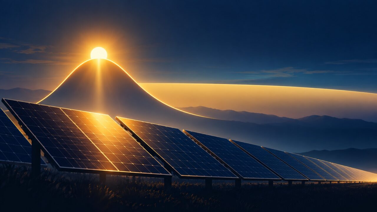 Panneaux solaires sous un soleil levant, avec un tracé lumineux illustrant la production au fil du temps.