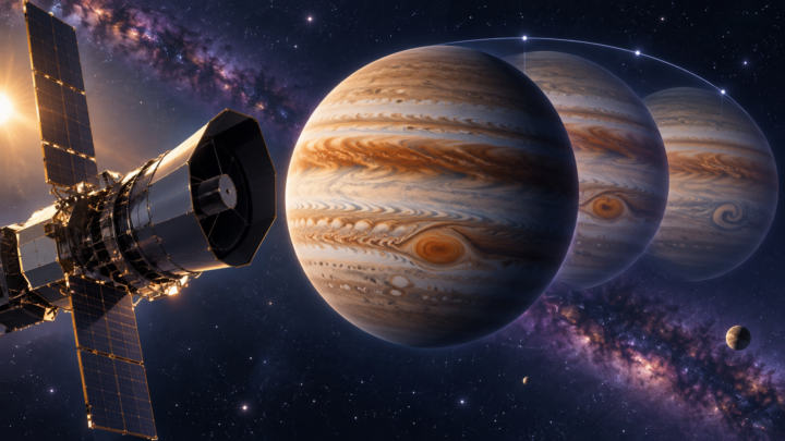 Télescope spatial observant l’évolution des bandes nuageuses d’une planète géante