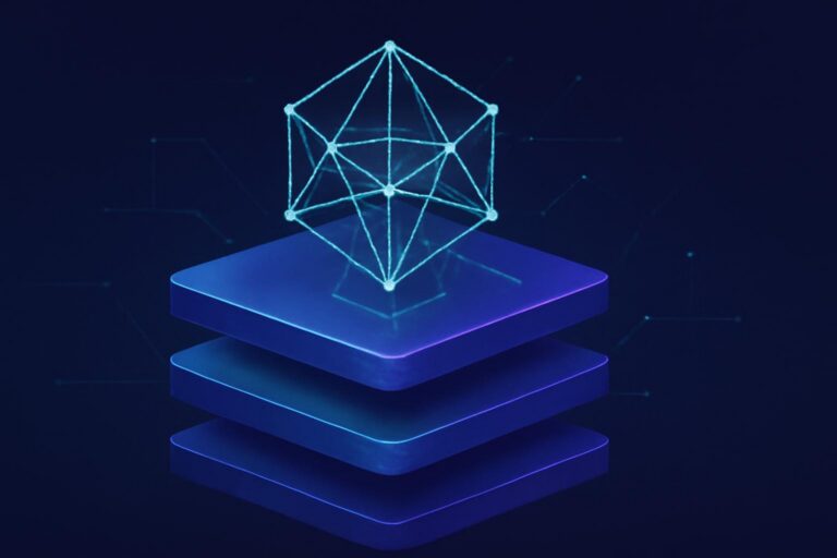 Illustration abstraite de trois couches techniques interconnectées autour d’une protection cryptographique avancée.