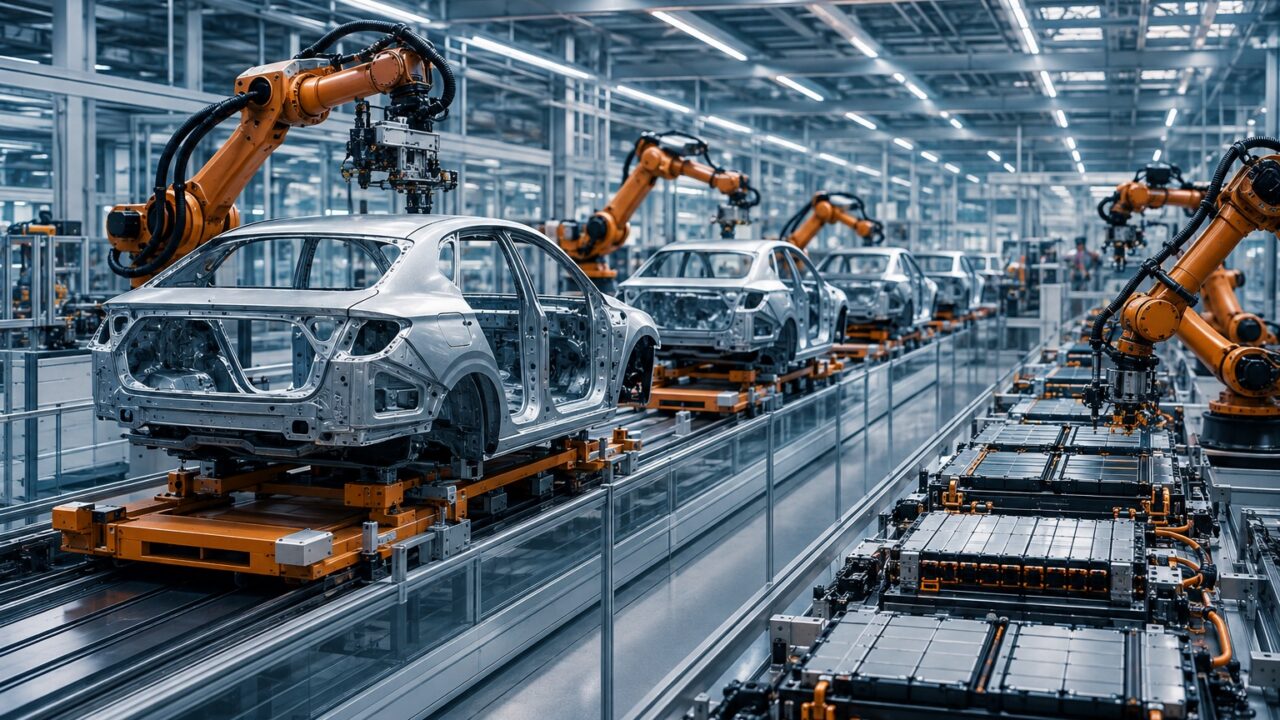 Illustration d’une usine automobile électrique automatisée