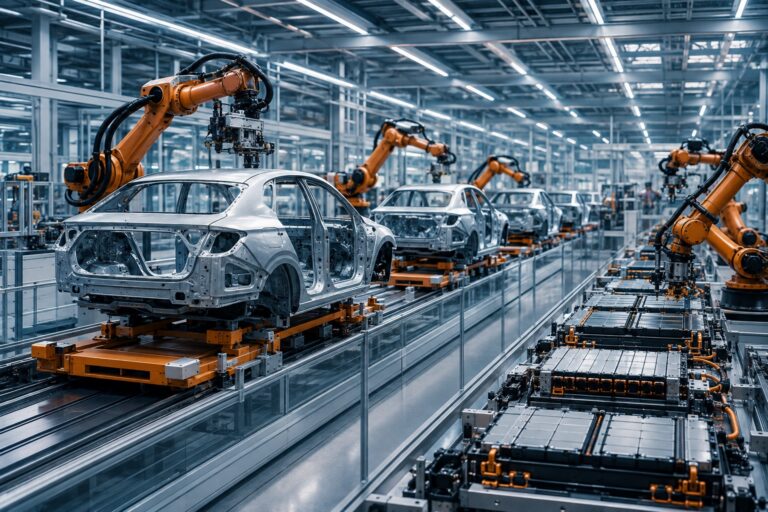 Illustration d’une usine automobile électrique automatisée