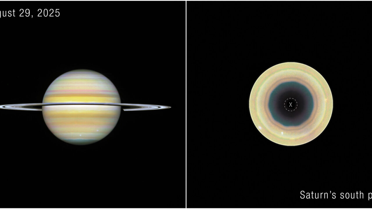 Saturne et vue de son pôle Sud montrant l’onde atmosphérique décagonale observée par Hubble