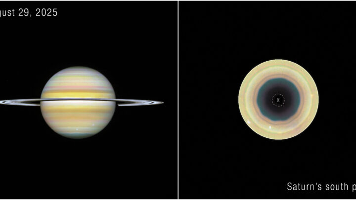 Saturne et vue de son pôle Sud montrant l’onde atmosphérique décagonale observée par Hubble