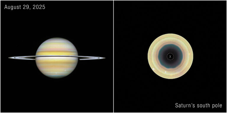 Saturne et vue de son pôle Sud montrant l’onde atmosphérique décagonale observée par Hubble