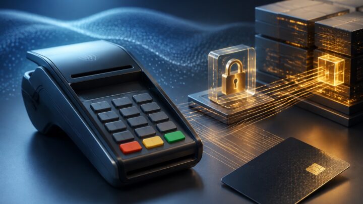 Illustration éditoriale d’un terminal de paiement sécurisé