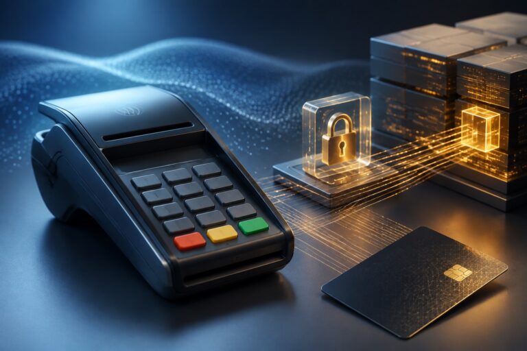 Illustration éditoriale d’un terminal de paiement sécurisé