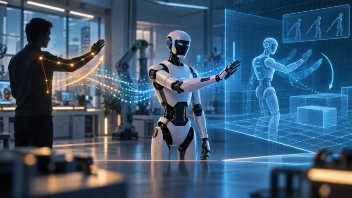 Un opérateur guide un robot humanoïde devant un environnement de simulation.