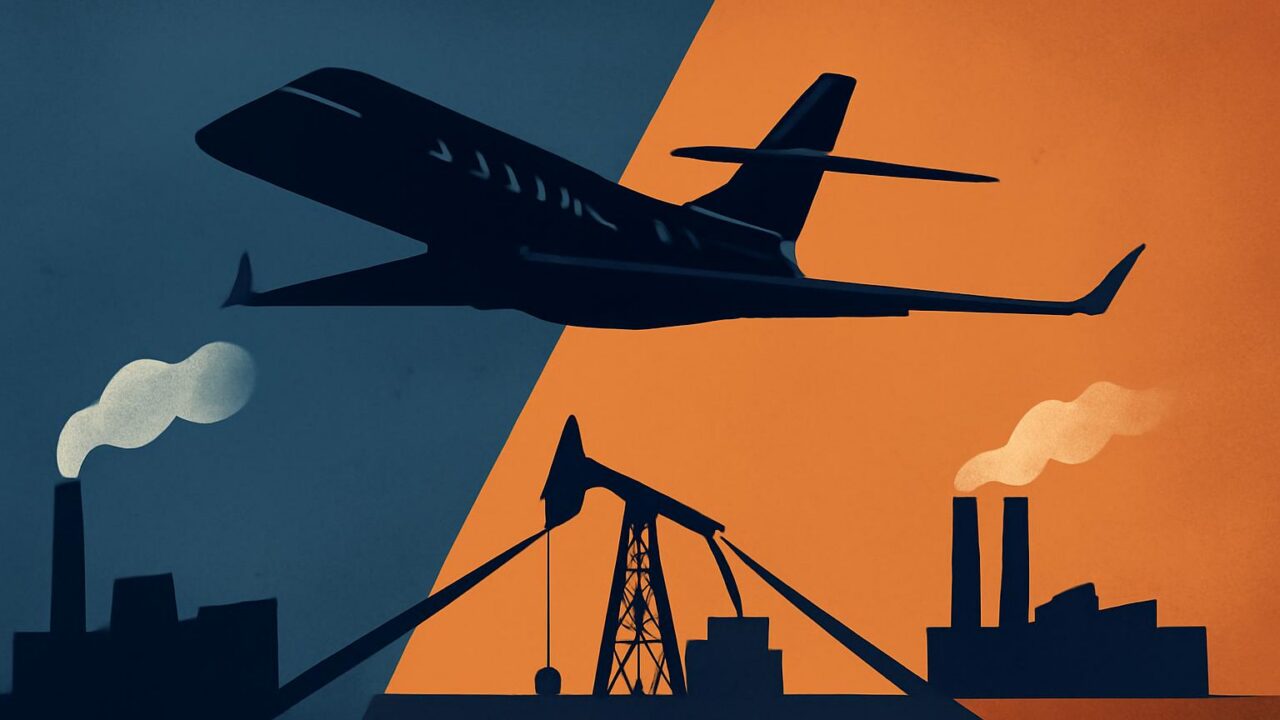 Illustration abstraite d’un avion d’affaires au-dessus d’une chaîne industrielle nord-américaine fragmentée.