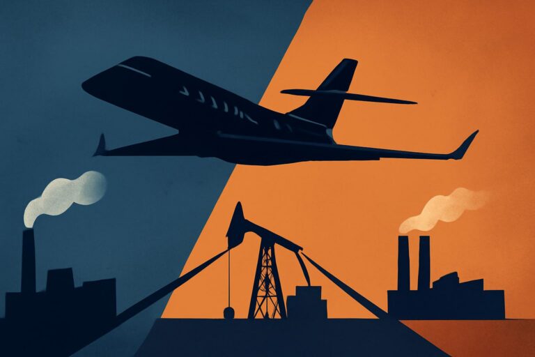 Illustration abstraite d’un avion d’affaires au-dessus d’une chaîne industrielle nord-américaine fragmentée.